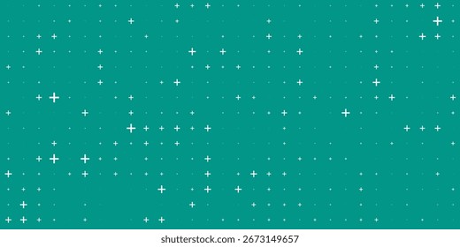 Seamless background pattern of evenly spaced white plus symbols of different sizes and opacity. illustration on teal background with stars