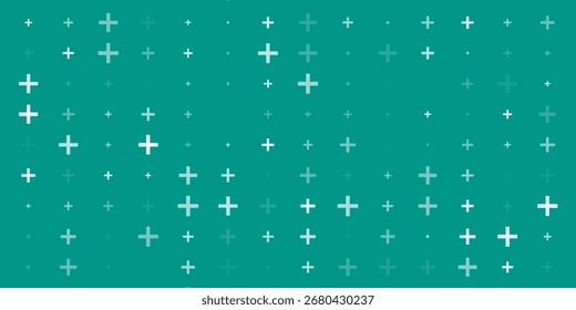 Seamless background pattern of evenly spaced white plus symbols of different sizes and opacity. Vector illustration on teal background with stars.eps 10 vector