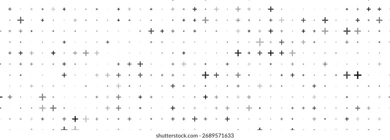 Padrão de plano de fundo uniforme de preto com espaçamento uniforme e símbolos de diferentes tamanhos e opacidade. Ilustração vetorial sobre fundo branco