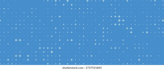 Seamless background pattern of evenly spaced white plus symbols of different sizes and opacity. Vector illustration on blue background with stars