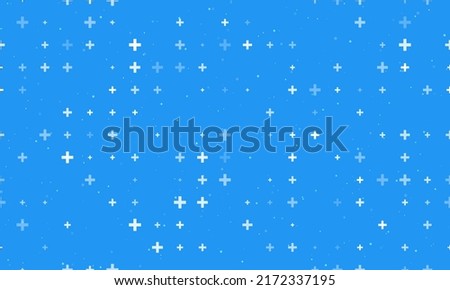 Seamless background pattern of evenly spaced white plus symbols of different sizes and opacity. Vector illustration on blue background with stars