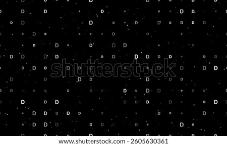 Seamless background pattern of evenly spaced white capital letter D symbols of different sizes and opacity. Vector illustration on black background with stars