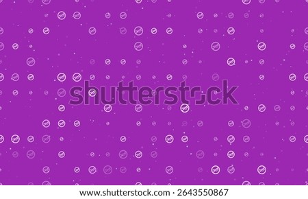 Seamless background pattern of evenly spaced white horning prohibited signs of different sizes and opacity. Vector illustration on purple background with stars