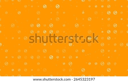 Seamless background pattern of evenly spaced white horning prohibited signs of different sizes and opacity. Vector illustration on orange background with stars
