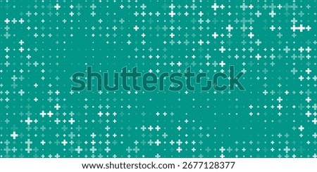 Seamless background pattern of evenly spaced white plus symbols of different sizes and opacity. Vector illustration on teal background with stars.eps10