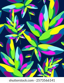 Seamless background or pattern with exotic leaves and plants from wildlife. Vector.