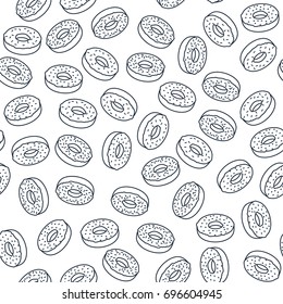 Seamless background with a pattern of falling outline donuts in the isometric style, 3d. Design for packaging, banner, poster, menu in the bakery. Vector illustration
