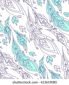 Seamless background pattern with fantasy feathers. Vector illustration hand drawn. Stylized feathers. Wrapping paper.  Fabric swatch. Line art.