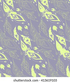 Seamless background pattern with fantasy feathers. Vector illustration hand drawn. Stylized feathers. Wrapping paper.  Fabric swatch. Line art.