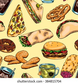 Seamless background with a pattern of fast food. Pizza, burger, pita, onion rings, fried chicken wings, sandwich, tea, soda, donut, berry pie.