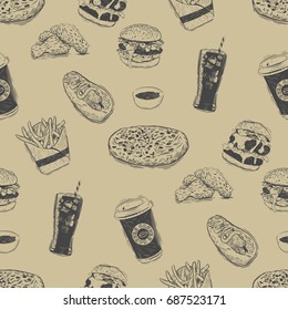 Seamless background with a pattern of fast food. Burger, fries and soda with ice.