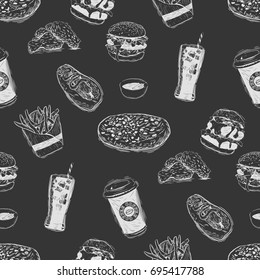 Seamless background with a pattern of fast food. Burger, fries and soda with ice.