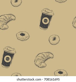 Seamless background with a pattern of fast food. Burger, fries and soda with ice.