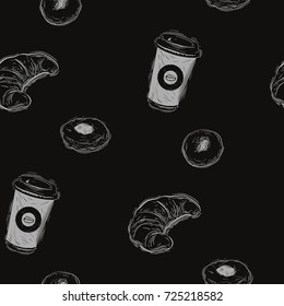 Seamless background with a pattern of fast food. Burger, fries and soda with ice.