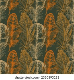 Seamless background pattern with feathers. Collage contemporary print. Fashionable template for design.