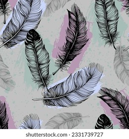 Seamless background pattern with feathers. Collage contemporary print. Fashionable template for design.