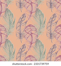 Seamless background pattern with feathers. Collage contemporary print. Fashionable template for design.