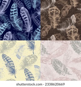 Seamless background pattern with feathers. Collage contemporary print. Fashionable template for design.