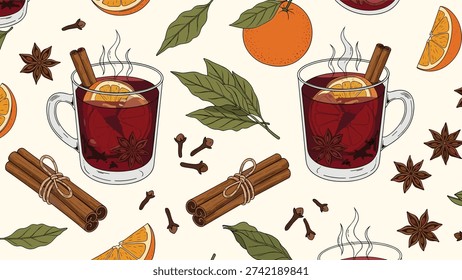 Seamless background pattern features glasses of hot mulled wine with orange slices, cinnamon sticks, star anise, and cloves on cream.