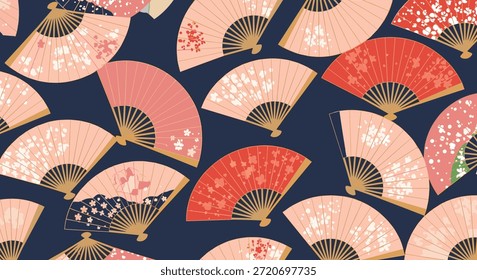 Patrón de fondo sin fisuras con una variedad de coloridos abanicos plegables japoneses tradicionales en una superficie azul oscuro.
