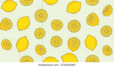 Seamless background pattern featuring a variety of whole and sliced yellow lemons on a grid paper design perfect for fresh summer themed projects.