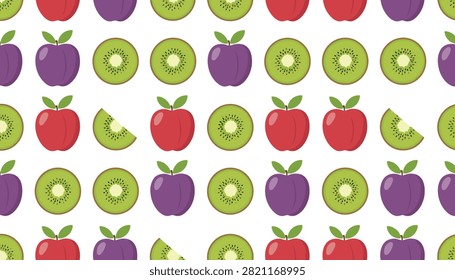 Seamless background pattern filled with repeating colorful illustrations of red apples, purple plums, and green kiwi slices.