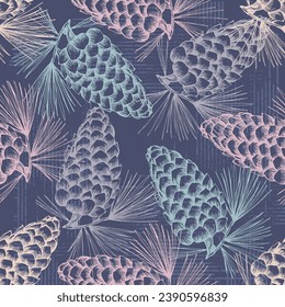 Seamless background pattern with fir tree branches and cones.