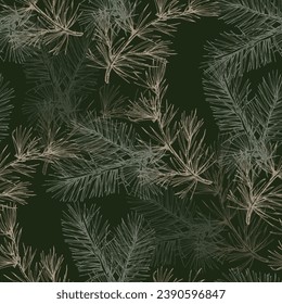 Seamless background pattern with fir tree branches and cones.