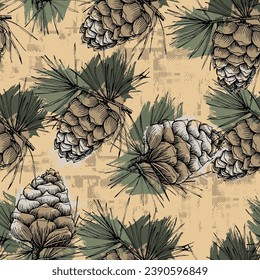 Seamless background pattern with fir tree branches and cones.