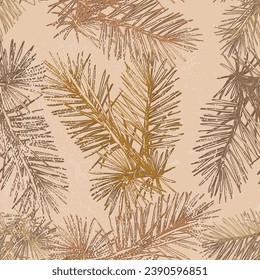 Seamless background pattern with fir tree branches and cones.