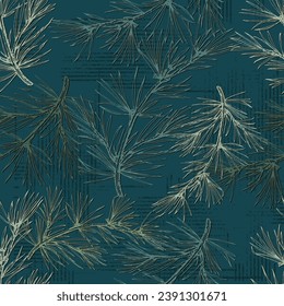 Seamless background pattern with fir tree branches and cones.