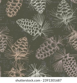 Seamless background pattern with fir tree branches and cones.