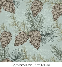 Seamless background pattern with fir tree branches and cones.