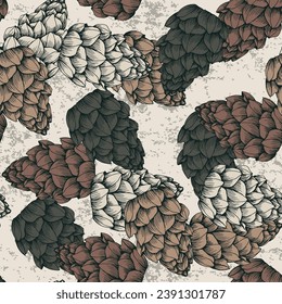 Seamless background pattern with fir tree branches and cones.
