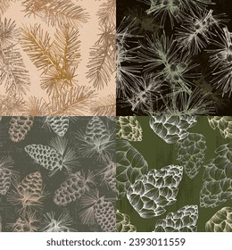 Seamless background pattern with fir tree branches and cones.