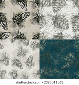 Seamless background pattern with fir tree branches and cones.