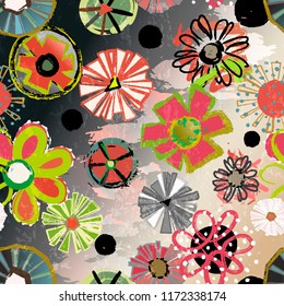 seamless background pattern, with flowers, circles/dots, strokes and splashes