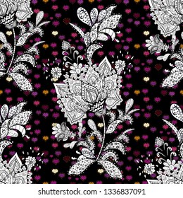 Seamless background pattern. Flowers with leaves and chamomile with cornflowers on black, gray and white colors. Vector - stock.