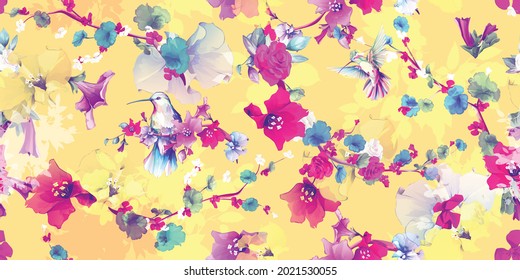 Patrón de fondo sin inconvenientes. Flores con hojas y pájaros zumbando en amarillo. Resumen, vector puro - material.