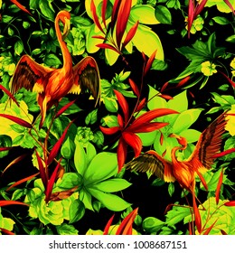Seamless background pattern with flowers magnolia, leaves and flamingo on dark green. Hand drawn. vector - stock.