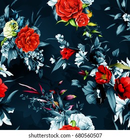 Seamless background pattern. Flowers. Rose, pomegranate with wild flower with leaves on dark. Hand drawn, vector - stock.