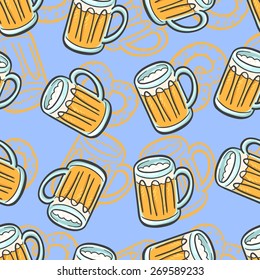 Seamless background with a pattern of foamy beer and pretzel