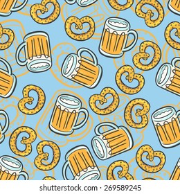 Seamless background with a pattern of foamy beer and pretzel