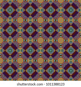 Seamless background pattern. Folk ethnic floral ornamental mandala in green, purple and brown colors. Vector abstract colorful painted kaleidoscopic graphic background.