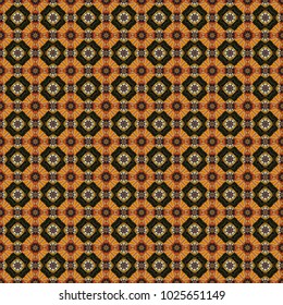 Seamless background pattern. Folk ethnic floral ornamental mandala in brown, black and orange colors. Vector abstract colorful painted kaleidoscopic graphic background.