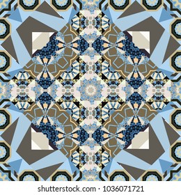 Seamless background pattern. Folk ethnic floral ornamental mandala in gray, beige and blue colors. Vector abstract colorful painted kaleidoscopic graphic background.