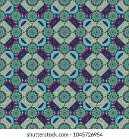 Seamless background pattern. Folk ethnic floral ornamental mandala in gray, green and blue colors. Vector abstract colorful painted kaleidoscopic graphic background.