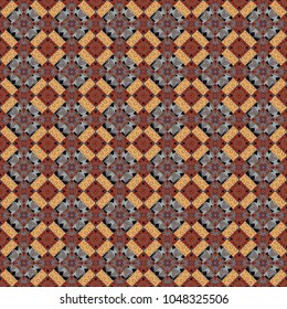 Seamless background pattern. Folk ethnic floral ornamental mandala in orange, red and gray colors. Vector abstract colorful painted kaleidoscopic graphic background.