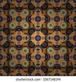 Seamless background pattern. Folk ethnic floral ornamental mandala in gray, brown and orange colors. Vector abstract colorful painted kaleidoscopic graphic background.