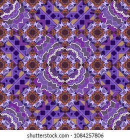 Seamless background pattern. Folk ethnic floral ornamental mandala in brown, purple and violet colors. Vector abstract colorful painted kaleidoscopic graphic background.